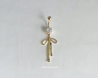 14G Gold Ribbon Bow Belly Ring Surgical Steel Stainless Body Jewelry y2k Coquette Ballet Dangle Button Navel Piercing Gift Present Summer