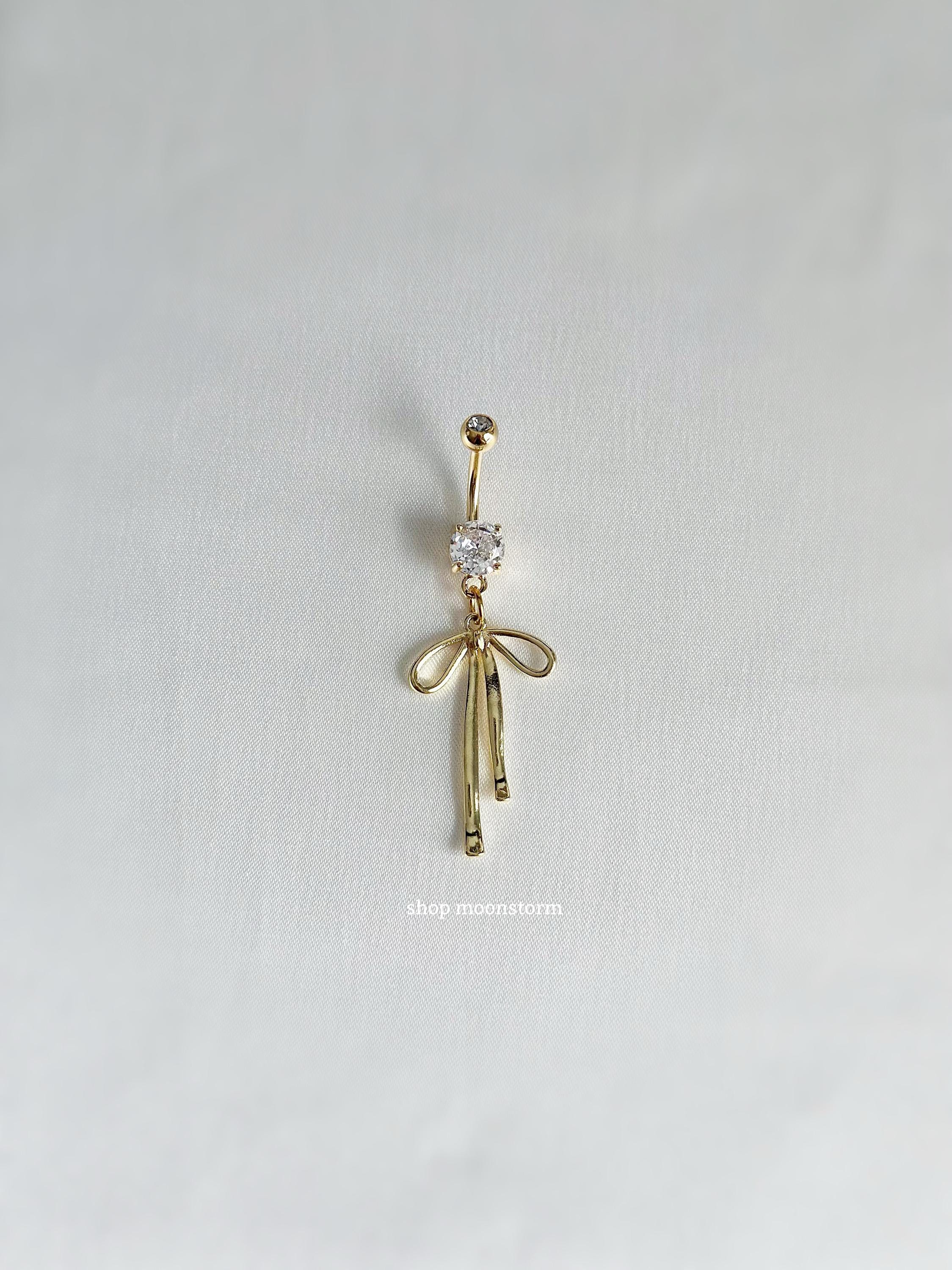 14G Gold Ribbon Bow Belly Ring Surgical Steel Stainless Body Jewelry ...
