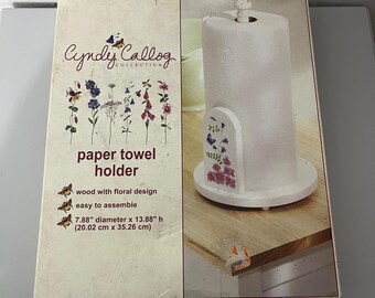 Cyndy Callog Paper Towel Holder Home OS White Floral Wood Butterfly 2004 Vintage