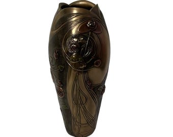Veronese Design Art Nouveau Vase Vintage Bronze Finish Woman Rose Relief 13.5in