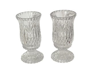 Vintage Hurricane Candle Holder Set  Clear Glass Starburst Pressed Pattern
