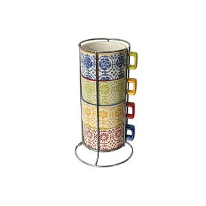 Pier 1 Imports Stacking Mugs Set  Multicolor Floral Hand Painted Stoneware