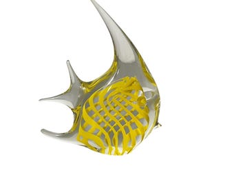 Vintage Art Glass Fish Figurine  Yellow Latticino Murano Style Decor