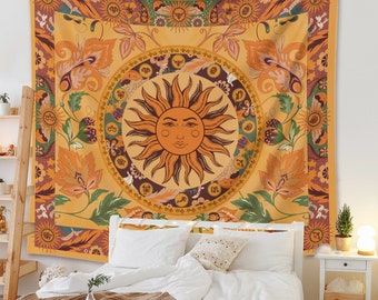 Boho Sun Tapestry Esthétique, Tapisserie murale suspendue vintage, Décor de chambre, Décoration murale colorée, Art mural floral, Cadeau de décoration intérieure