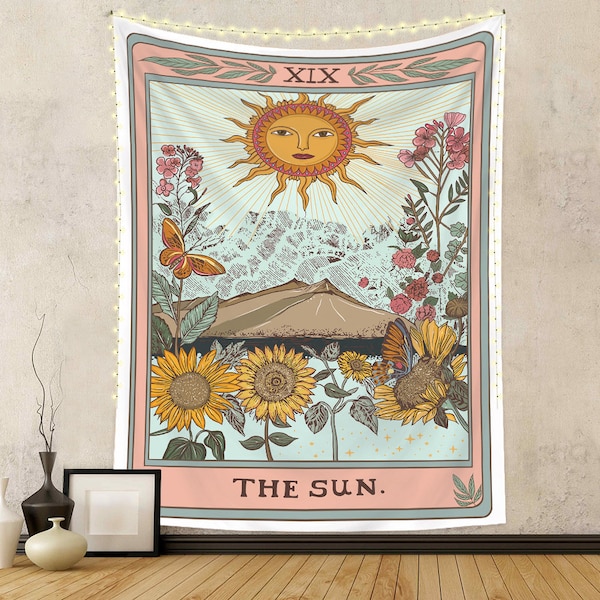 L’esthétique de la tapisserie de tarot du soleil, la tapisserie murale vintage, la décoration d’art mural de l’étoile, la tapisserie murale de tarot, le cadeau de décoration de la maison