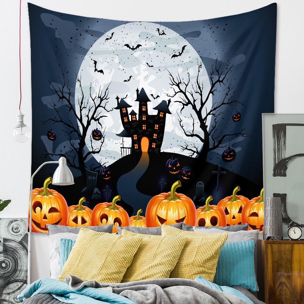 Discover Halloween Pumpkin Tapestry Aesthetic, Psychedelic Tapestry Wall Hanging Vintage, Bats and Pumpkin Room Decor, Wall Tapestry, Decoration Gift