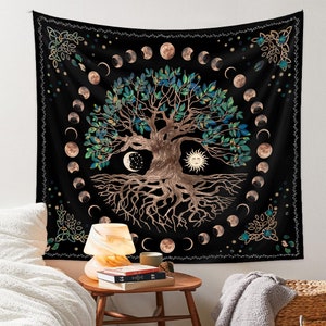 Sun and Moon Tapestry Aesthetic, Tapestry Wall Hanging Vintage, Room Decor, Wall Art Decoration, Green Tree Wall Art, Home Decoration Gift