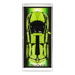 May include: A green Lego Lamborghini Sian model in a clear display case. The model is built from Lego bricks and features a detailed interior and exterior.