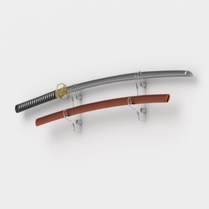 May include: A wall-mounted display stand for two swords. The stand is made of clear acrylic and has a simple design. The swords are both black and have a traditional Japanese style.