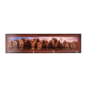 May include: A long, rectangular wooden framed print featuring a detailed illustration of Diagon Alley. The artwork depicts buildings with brown roofs and light-coloured walls, with a dragon flying in the sky. The text "DIAGON ALLEY" is at the top.