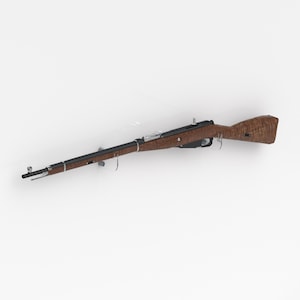 May include: A black and brown rifle with a wooden stock and a metal barrel. The rifle is mounted on a wall with a clear acrylic mount.