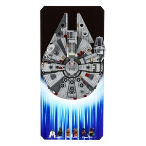 May include: A Lego Star Wars Millennium Falcon model set against a blue and black background. The model is built and features a detailed interior and exterior. The set includes seven minifigures, including Han Solo, Chewbacca, Princess Leia, Luke Skywalker, and Darth Vader.