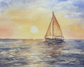 Original Sailboat Watercolor Painting, Sunset Lake Seascape Art