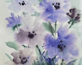 May include: Watercolor painting of a floral arrangement. The flowers are in shades of purple and lavender with dark centers and green leaves. The artist's signature, "VESEBA", is in the bottom right corner.