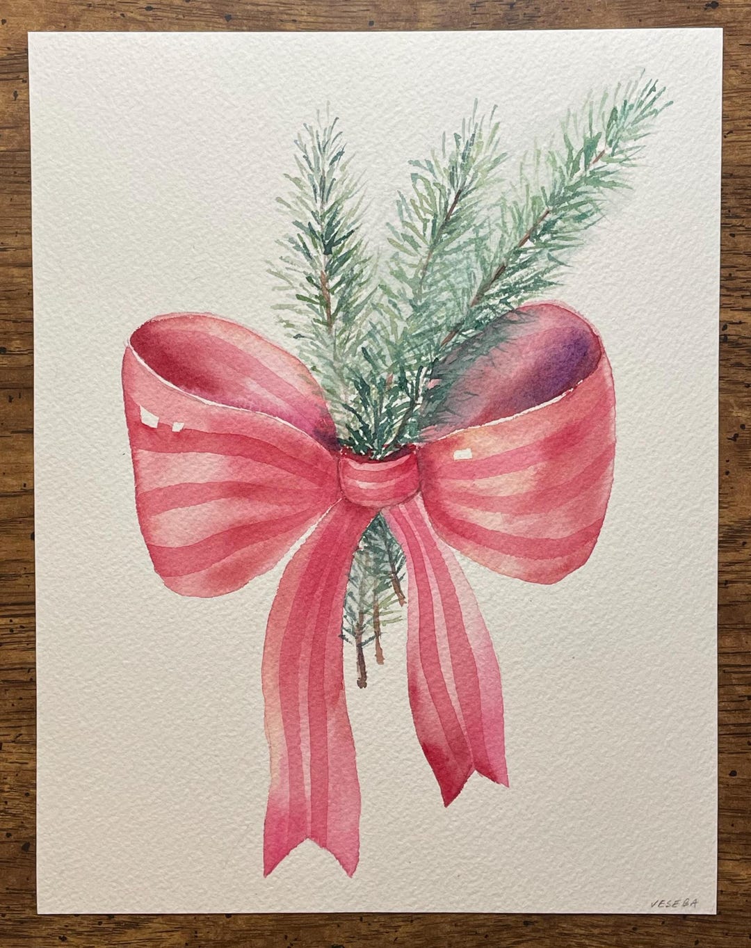 Original Watercolor Painting Christmas Tree Branches and Red Bow ...