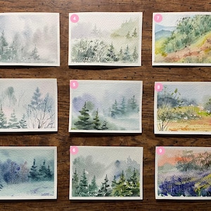 ACEO Original Watercolor Painting Landscape Nature Mountains Forest Winter Fog - 2.5x3.5 inches