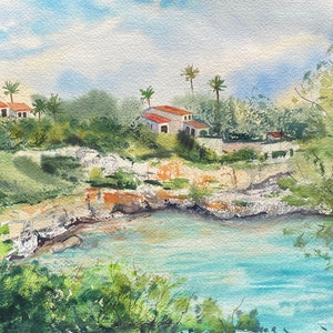 Original Watercolor Painting Summer Landscape Sea Palms Nature - 9 x 12 inches - NEW