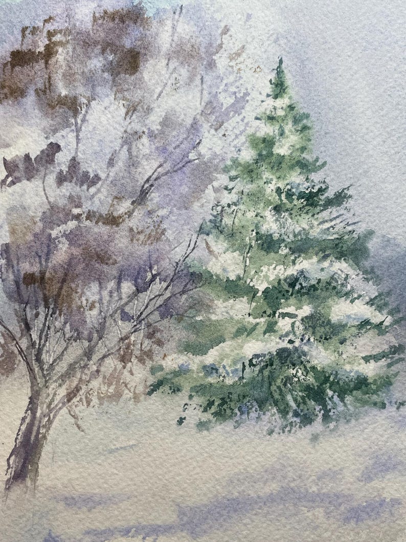 Original Watercolor Painting Landscape Nature Winter Snow - 5x7 Inches ...