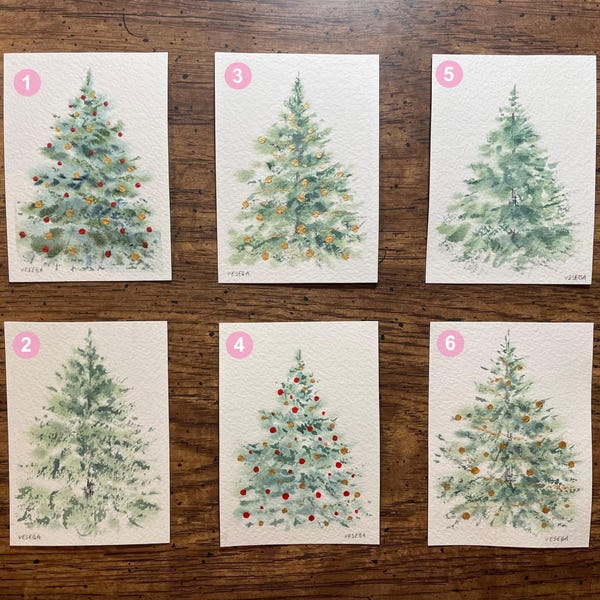 Miniatura original ACEO de acuarela con árbol de Navidad/decoración navideña - 6,35 x 8,89 cm