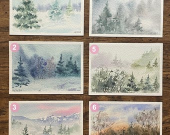 ACEO Original Watercolor Painting Landscape Nature Mountains Forest Winter Fog - 2.5x3.5 inches