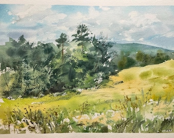 May include: Watercolor painting of a landscape with a green forest in the foreground and a rolling hill in the background. The sky is blue with white clouds.