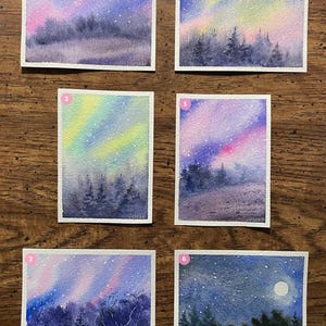 ACEO Original Watercolor Painting Landscape Nature Northern Lights Forest Night Stars - 2.5x3.5 inches