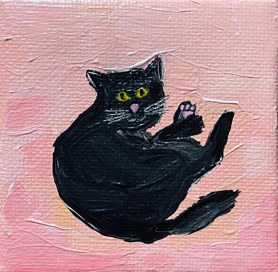 Mini Original Acrylic Painting on Canvas Black Cat - 3x3 Inches - Etsy