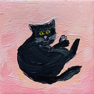 Mini Original Acrylic Painting on Canvas Black Cat - 3x3 inches
