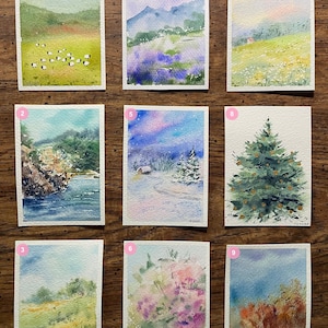 ACEO Original Watercolor Painting Landscape Nature Flowers Christmas Tree Sea Mountains - 2.5x3.5 inches