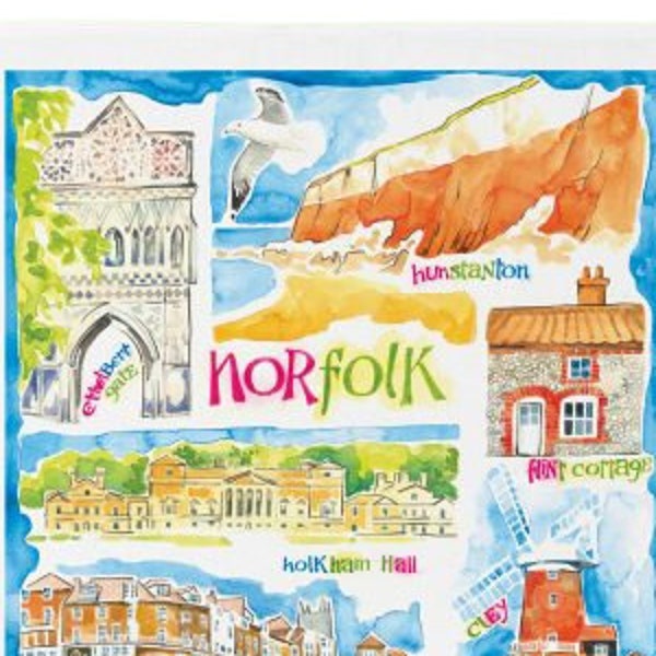 Norfolk Tea Towel, Craft Produced 100% Premium White Cotton Tea Towel, Hand Painted