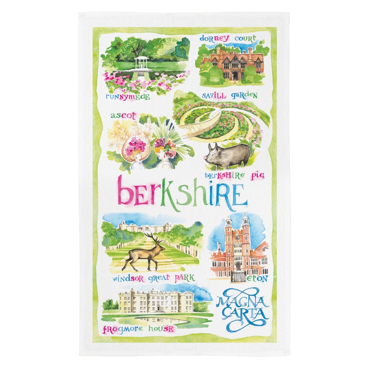 Berkshire Tea Towel, Craft Produced 100% Premium White Cotton Tea Towel, Hand Painted