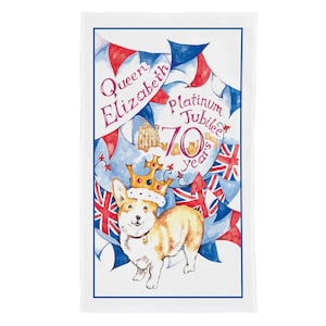 Queens Elizabeth II Platinum Jubilee Tea Towel, Corgi Crown commemorative Tea Towel, Craft Produced 100% White Cotton Collectors Tea Towel
