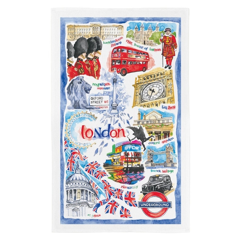Hand Painted London Tea Towel Craft Produced 100/% Premium White Cotton Tea Towel