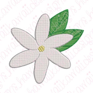 May include: A white flower with five petals and a yellow center, with two green leaves behind it.