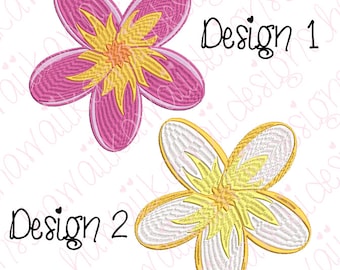 May include: Two embroidery designs of pink and yellow plumeria flowers. The first design is labeled "Design 1" and the second design is labeled "Design 2".