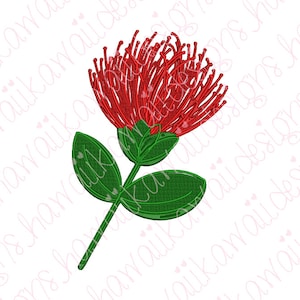 May include: A red and green embroidered flower with a single stem and two leaves. The flower is a stylized representation of a pohutukawa, a New Zealand native flower.