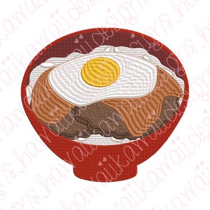 May include: A red bowl filled with white rice, a fried egg, and a brown meat topping. The bowl has a white rim.