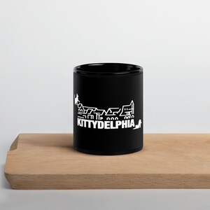 Kittydelphia Black Glossy Mug - Purr-fect for Feline Enthusiasts - Cat Lovers, Philadelphia Boathouse Row