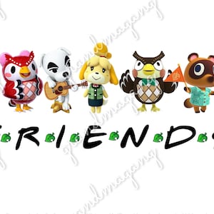 Könnte beinhalten: Eine weiße Grafik mit Charakteren aus dem Videospiel Animal Crossing. Die Charaktere sind in einer Reihe über dem Wort "FRIENDS" in einer stilisierten Schriftart angeordnet. Der Buchstabe "O" wird durch ein Blatt ersetzt.