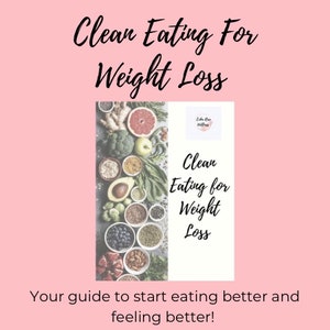 K&ouml;nnte beinhalten: Ein Leitfaden f&uuml;r Clean Eating zur Gewichtsabnahme mit einem farbenfrohen Bild von verschiedenen Fr&uuml;chten, Gem&uuml;se und Samen in Schalen. Der Text auf dem Cover lautet "Clean Eating for Weight Loss".