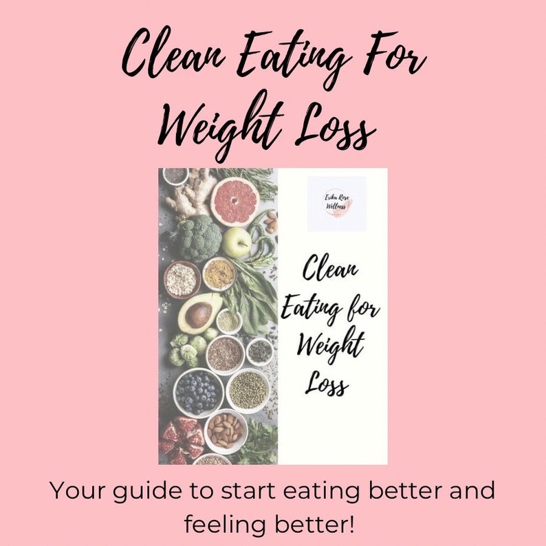 K&ouml;nnte beinhalten: Ein Leitfaden f&uuml;r Clean Eating zur Gewichtsabnahme mit einem farbenfrohen Bild von verschiedenen Fr&uuml;chten, Gem&uuml;se und Samen in Schalen. Der Text auf dem Cover lautet "Clean Eating for Weight Loss".