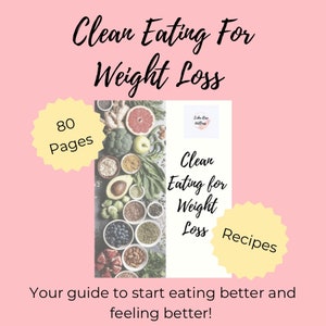 K&ouml;nnte beinhalten: Ein rosa Hintergrund mit einer gelben Sternform mit dem Text "80 Seiten" und einer weiteren gelben Sternform mit dem Text "Rezepte". In der Mitte befindet sich ein wei&szlig;es Rechteck mit dem Text "Clean Eating for Weight Loss" und ein Foto einer Vielzahl von frischen Fr&uuml;chten, Gem&uuml;se und Getreide.