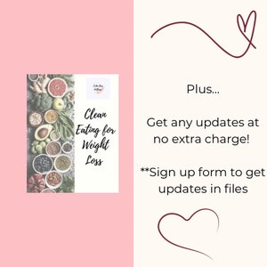 K&ouml;nnte beinhalten: Ein rosa-wei&szlig;es Cover f&uuml;r einen digitalen Download mit einem Foto verschiedener gesunder Lebensmittel und dem Text "Clean Eating for Weight Loss".
