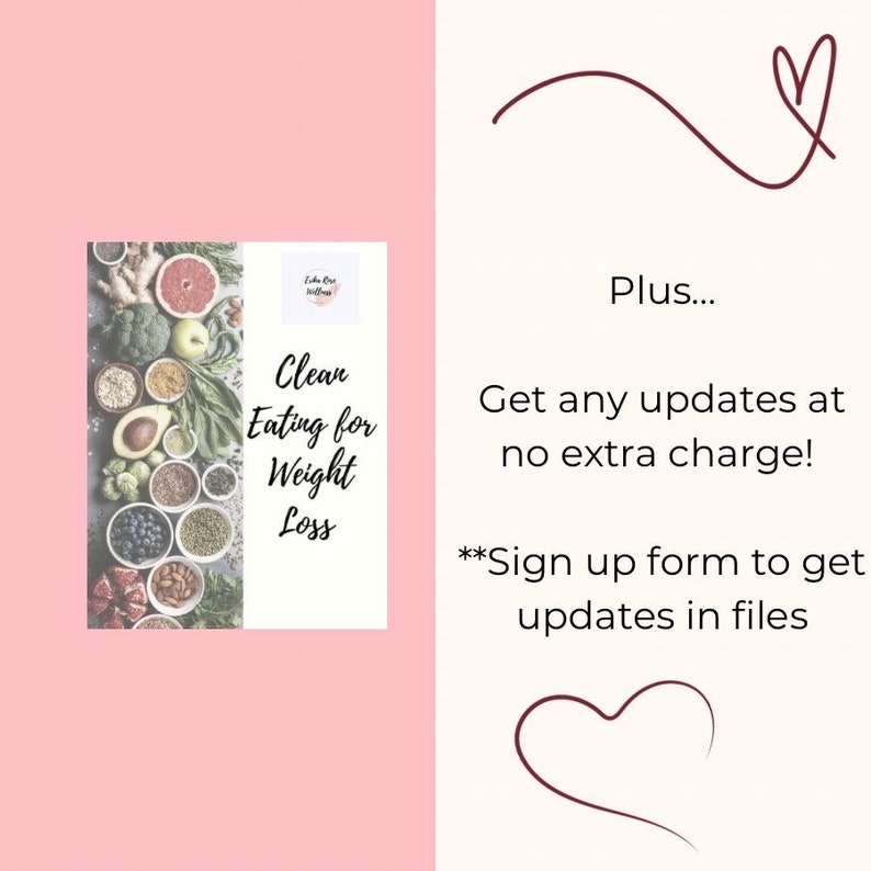 K&ouml;nnte beinhalten: Ein rosa-wei&szlig;es Cover f&uuml;r einen digitalen Download mit einem Foto verschiedener gesunder Lebensmittel und dem Text "Clean Eating for Weight Loss".