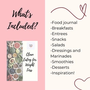 K&ouml;nnte beinhalten: Ein rosa-wei&szlig;er digitaler Download-Leitfaden f&uuml;r Clean Eating zur Gewichtsabnahme. Der Leitfaden enth&auml;lt Rezepte f&uuml;r Fr&uuml;hst&uuml;cke, Hauptgerichte, Snacks, Salate, Dressings und Marinaden, Smoothies, Desserts und Inspiration.
