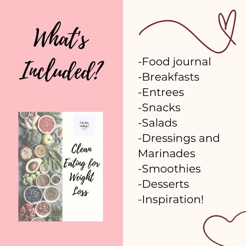 K&ouml;nnte beinhalten: Ein rosa-wei&szlig;er digitaler Download-Leitfaden f&uuml;r Clean Eating zur Gewichtsabnahme. Der Leitfaden enth&auml;lt Rezepte f&uuml;r Fr&uuml;hst&uuml;cke, Hauptgerichte, Snacks, Salate, Dressings und Marinaden, Smoothies, Desserts und Inspiration.