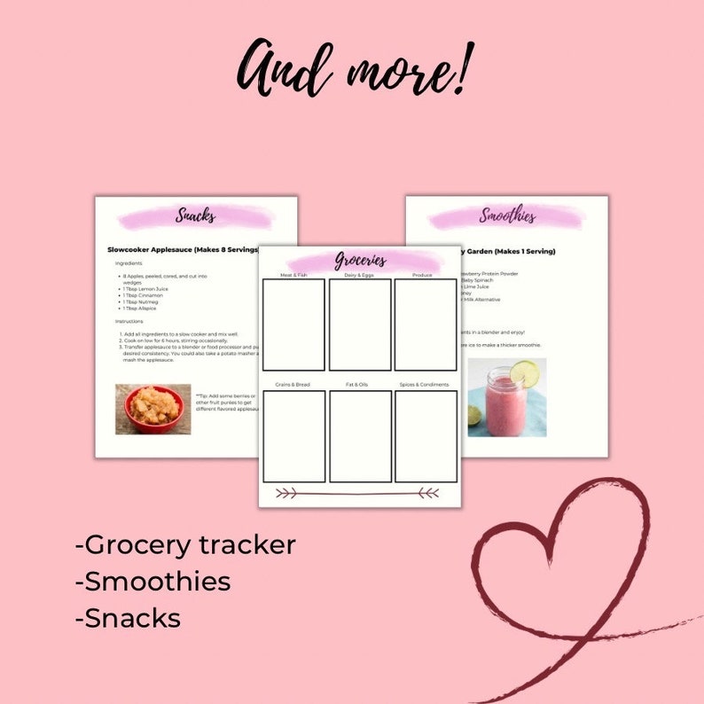 K&ouml;nnte beinhalten: Druckbarer Einkaufszettel, Snack- und Smoothie-Rezeptplaner. Der Planer enth&auml;lt Abschnitte f&uuml;r Lebensmittel, Snacks und Smoothies. Der Snack-Abschnitt enth&auml;lt ein Rezept f&uuml;r Slow-Cooker-Apfelsauce. Der Smoothie-Abschnitt enth&auml;lt ein Rezept f&uuml;r einen Beeren-Garten-Smoothie.