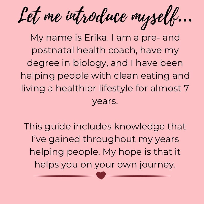 K&ouml;nnte beinhalten: Rosaer Hintergrund mit schwarzem Text, der "Let me introduce myself..." lautet, gefolgt von einem Absatz &uuml;ber eine pr&auml;natale Gesundheitscoach namens Erika. Der Text setzt sich mit einem Absatz &uuml;ber einen Leitfaden fort, der das Wissen beinhaltet, das &uuml;ber 7 Jahre hinweg beim Helfen von Menschen gewonnen wurde.