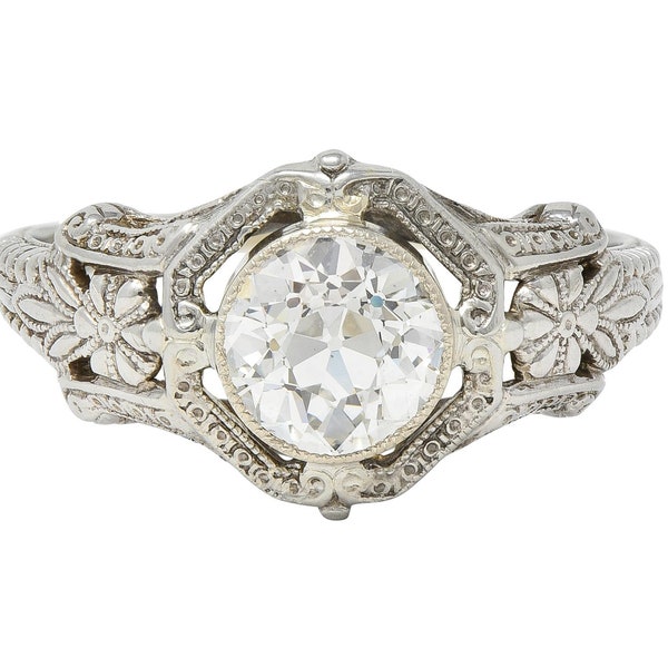 Art Deco 1.19 CTW Diamond 18 Karat White Gold Floral Engagement Ring Gia