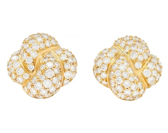 Van Cleef & Arpels 1980's 8.08 CTW Diamond 18 Karat Yellow Gold Puffy Quatrefoil Vintage Earrings